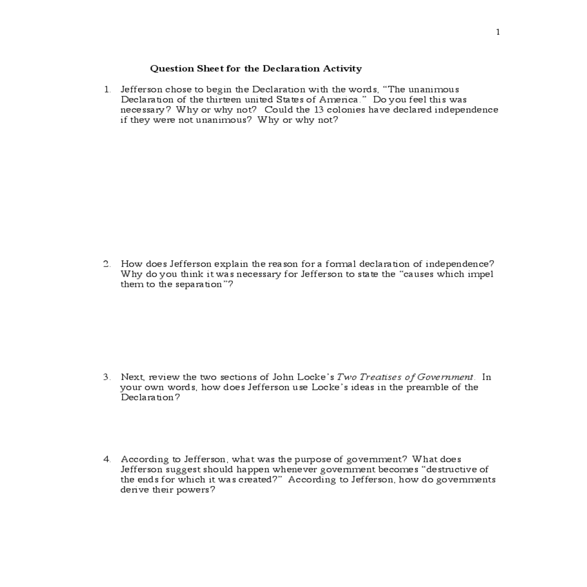 question sheet for the declaration activity