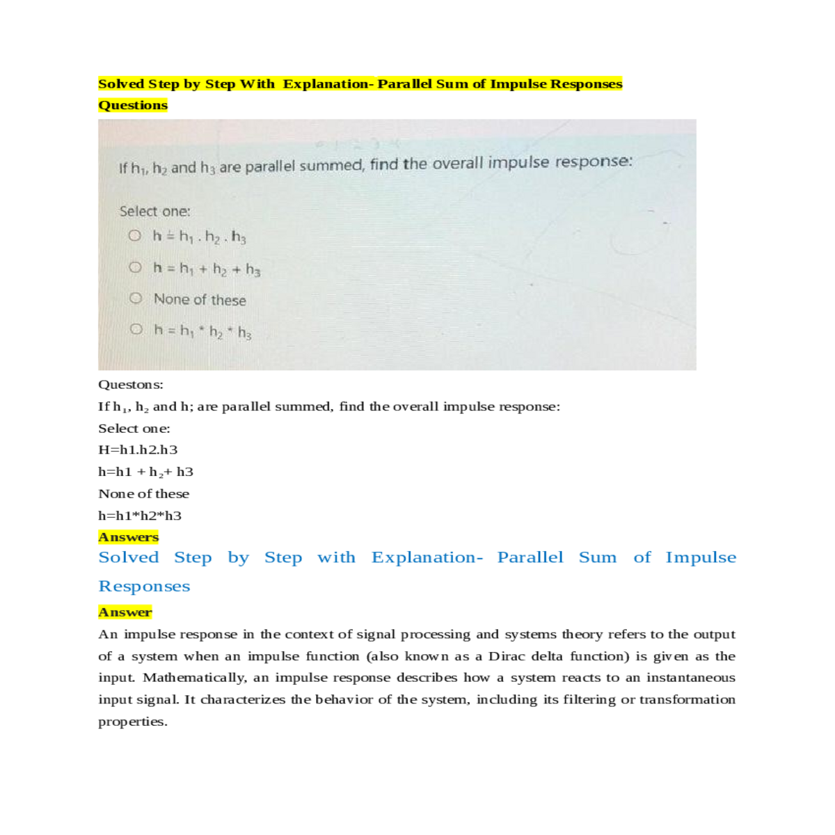 impulse response describes how system reacts insta