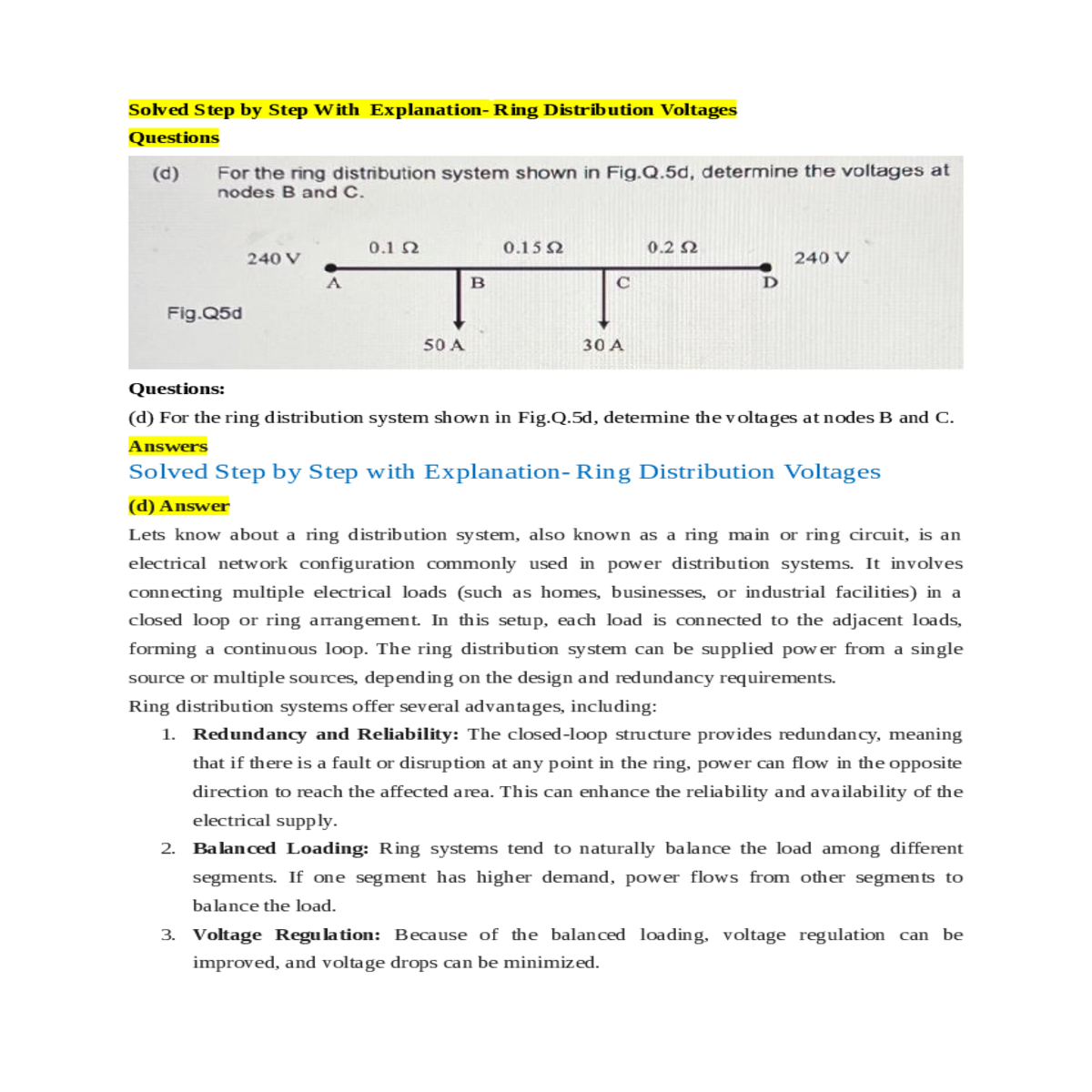 fiquestions for the ring distribution system shown