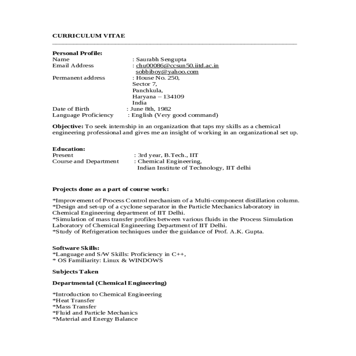 curriculum vitae profile saurabh senguptaemail add