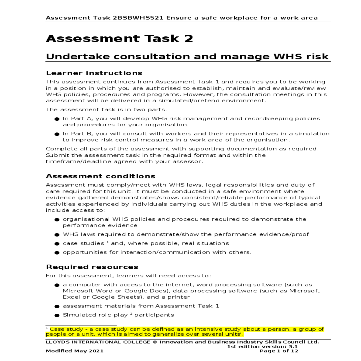 assessment task 2 – observation checklist