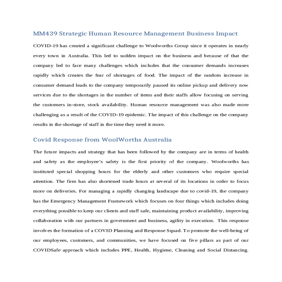 covid response from woolworths australia