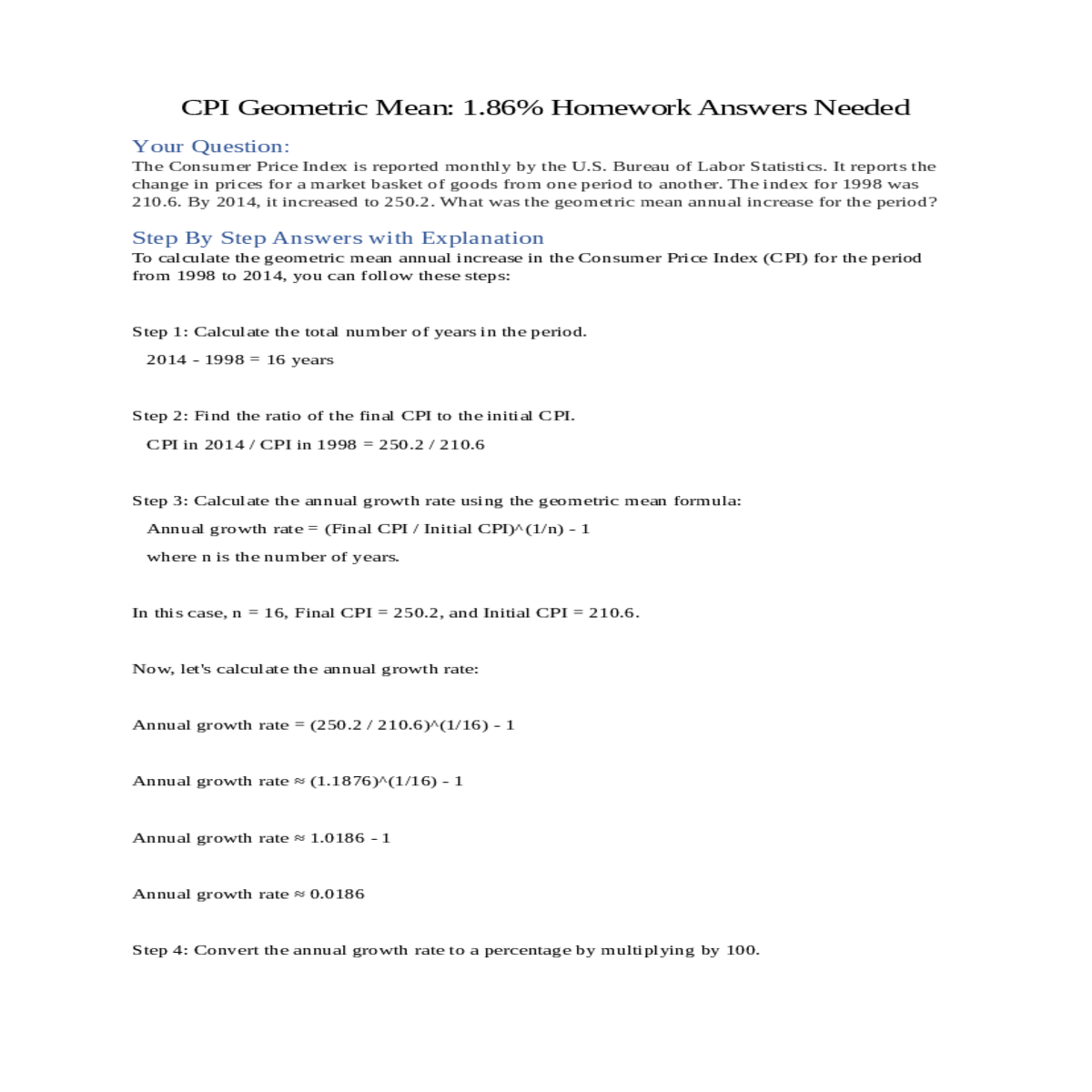 cpi geometric mean 186 homework answers needed