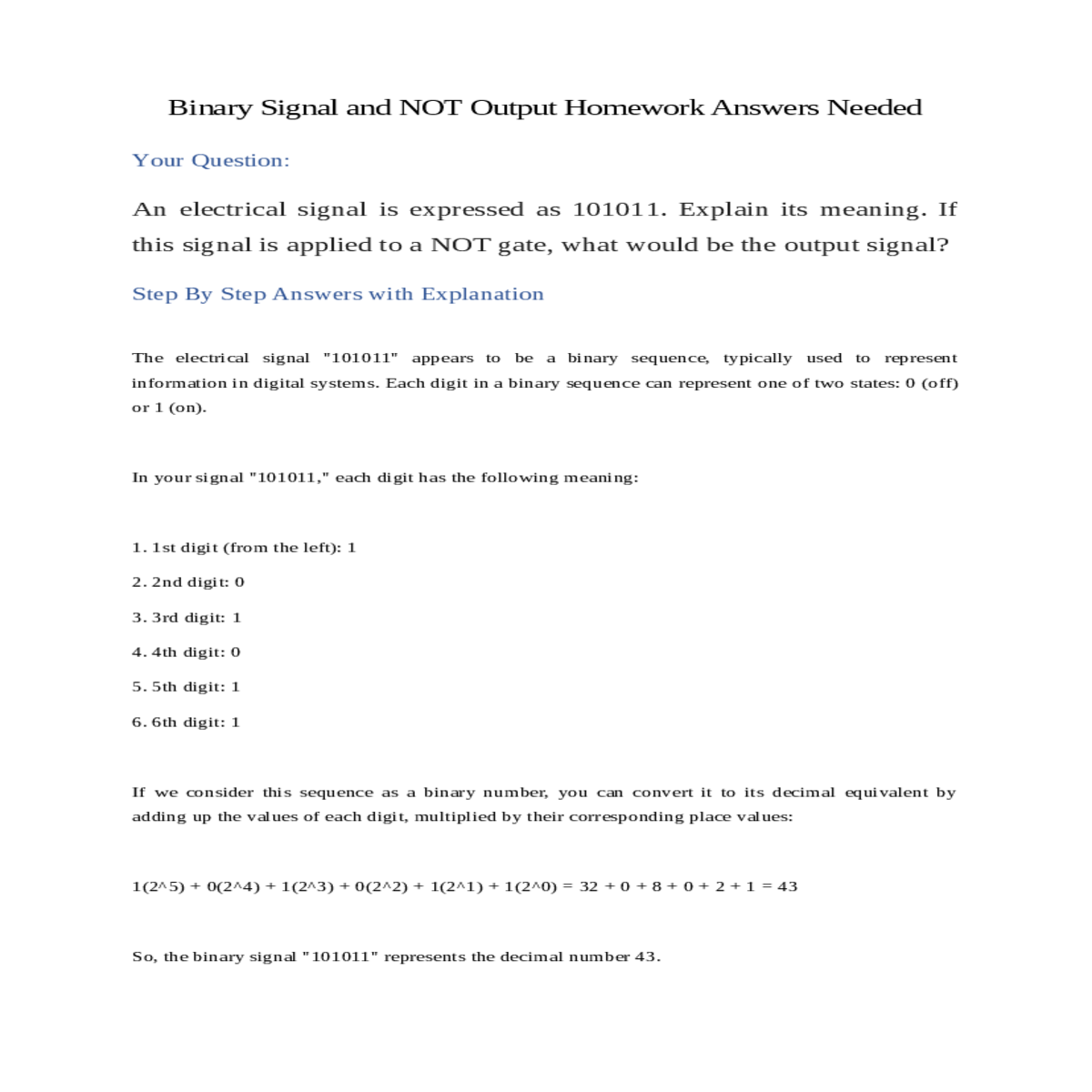 binary signal and not output homework answers need