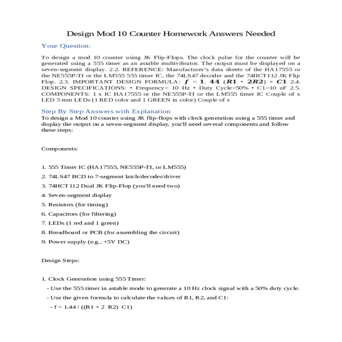 design mod 10 counter homework answers needed