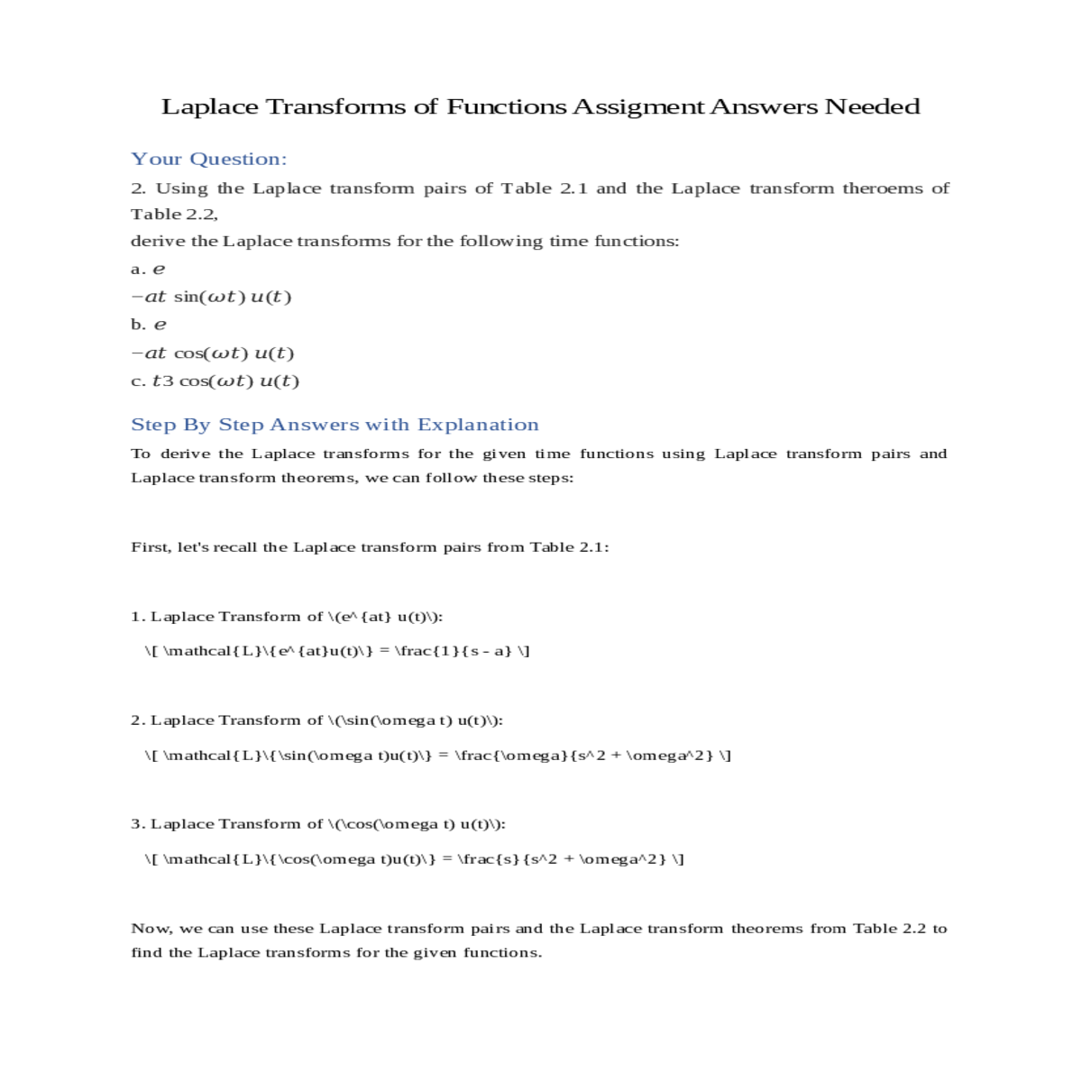 let recall the laplace transform pairs from table