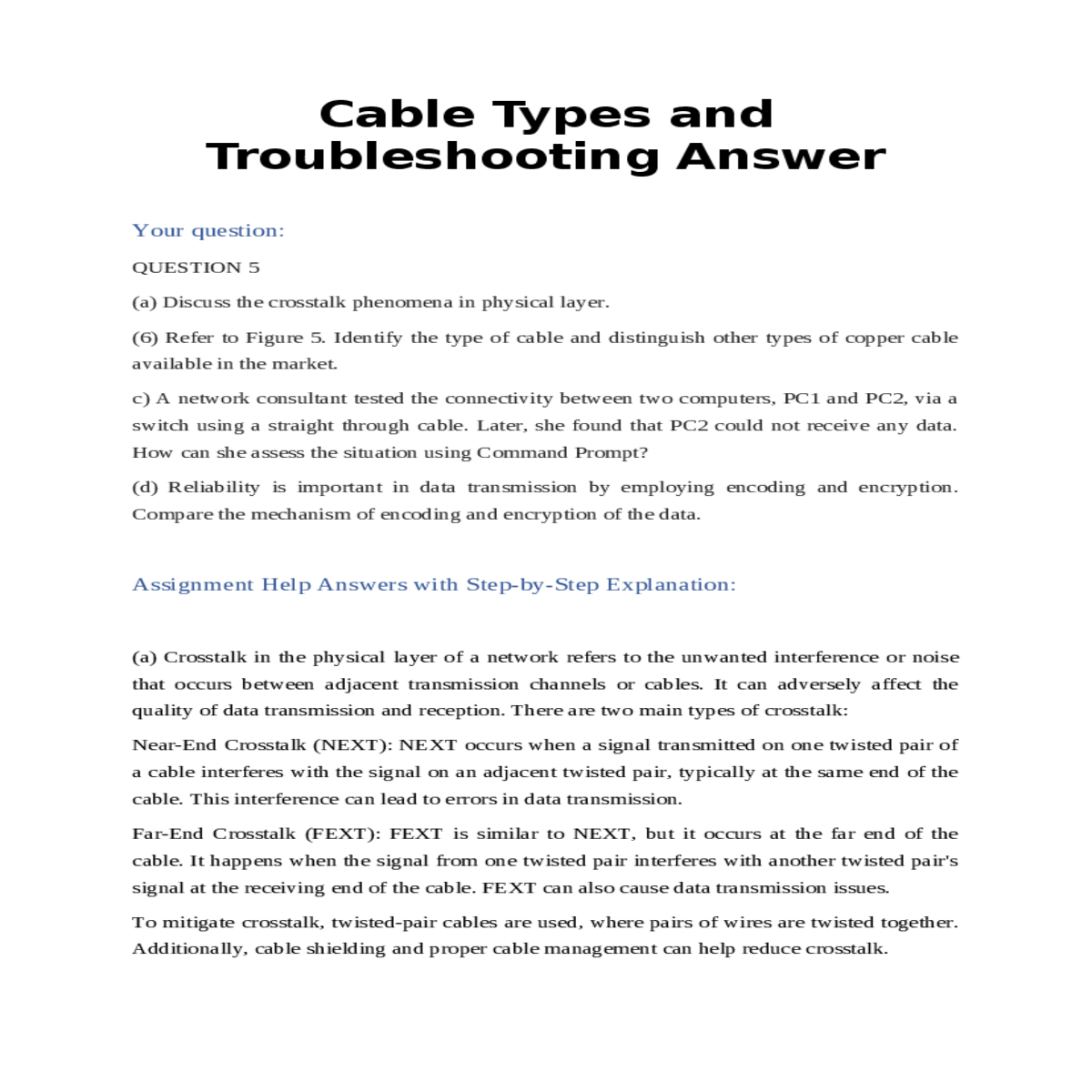 cable types and troubleshooting answer