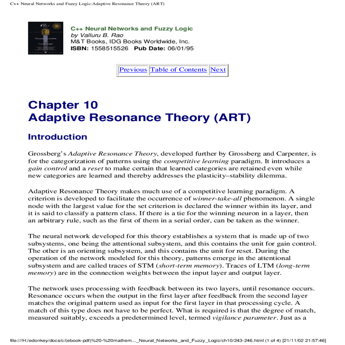 neural networks and fuzzy logic resonance theory a