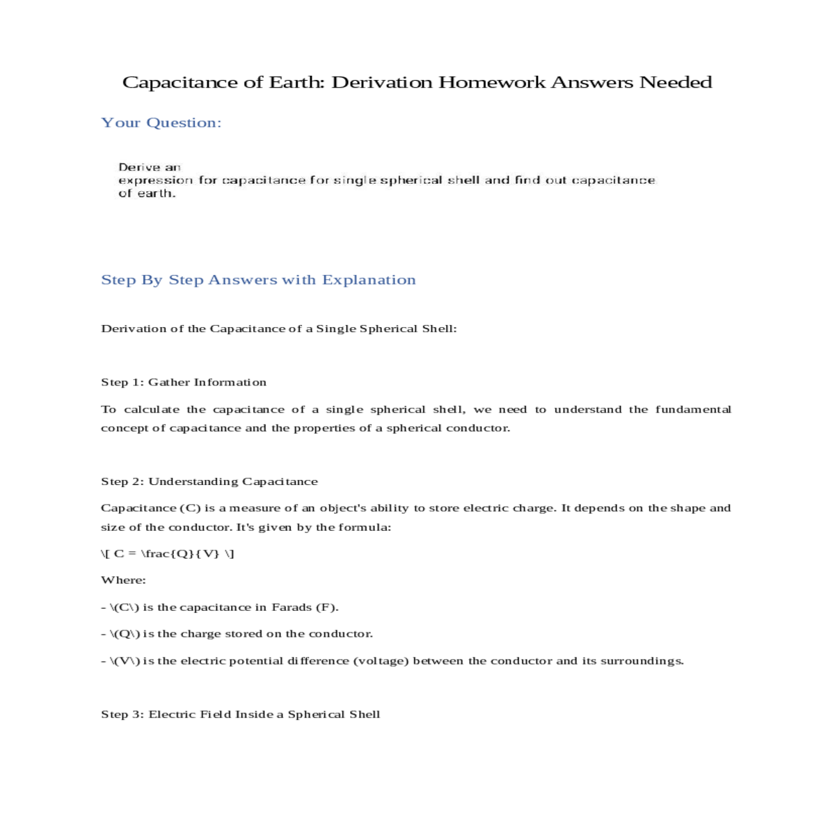 capacitance of earth derivation homework answers n