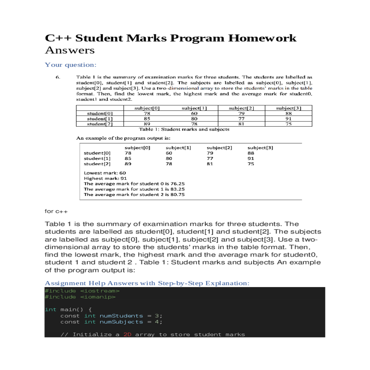 the highest mark and the average mark for student