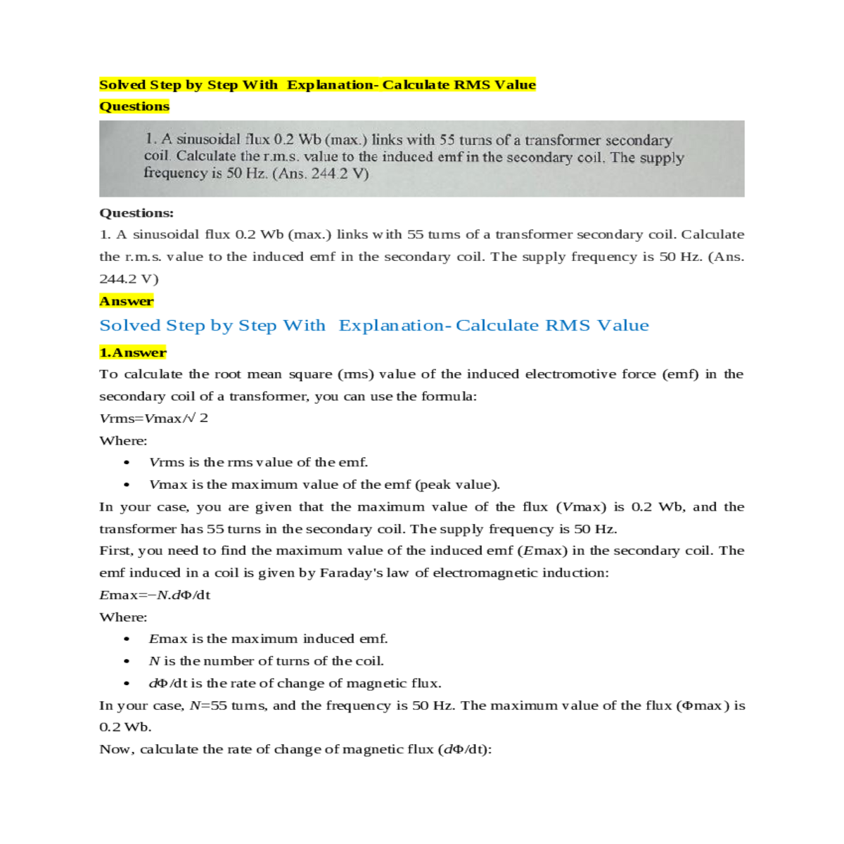 calculate the rms value the emf using the formula 