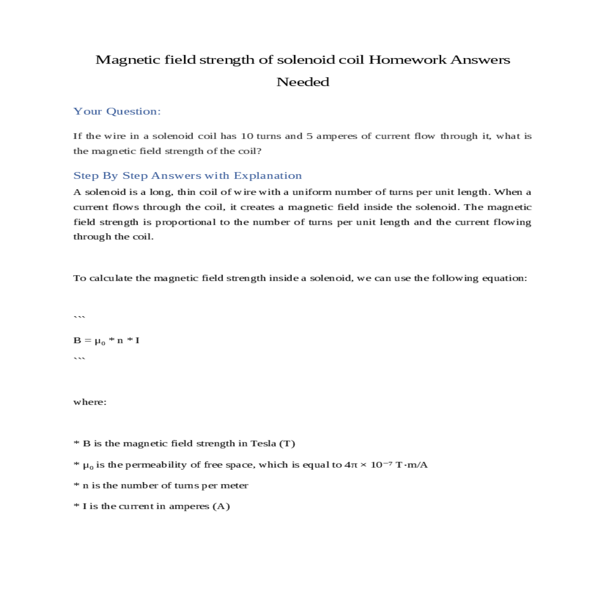 magnetic field strength of solenoid coil homework 