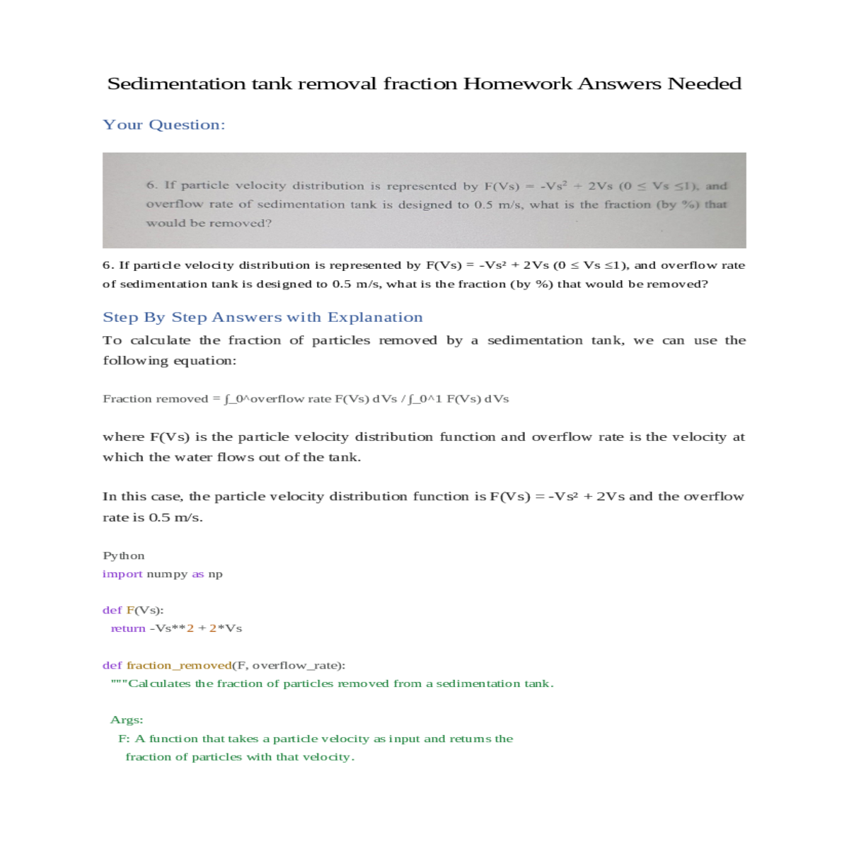 sedimentation tank removal fraction homework answe