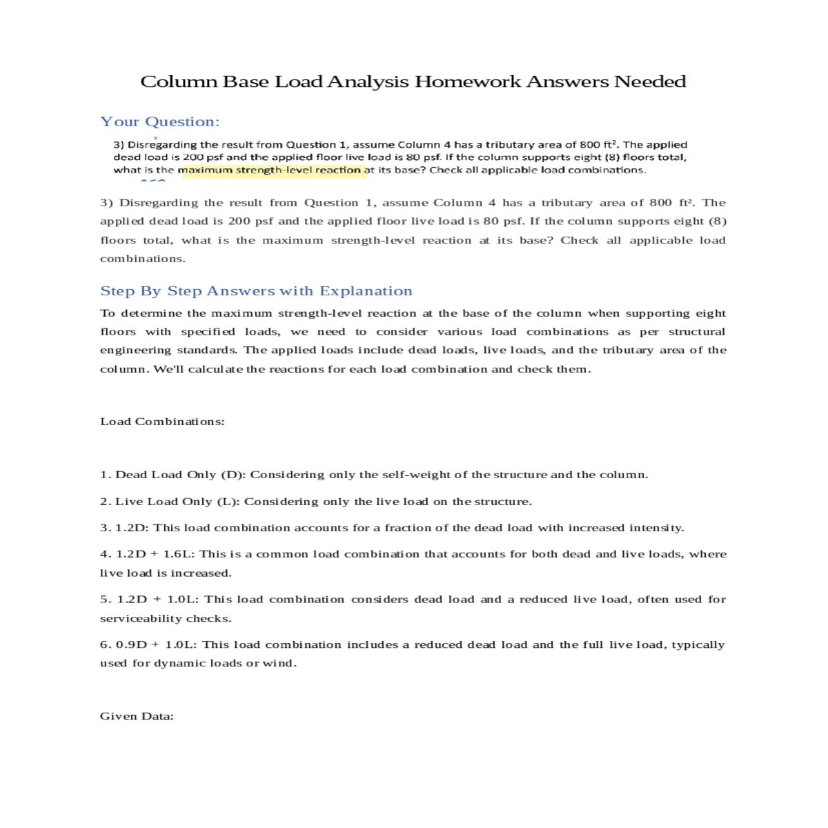 the applied dead load psf and the applied floor li