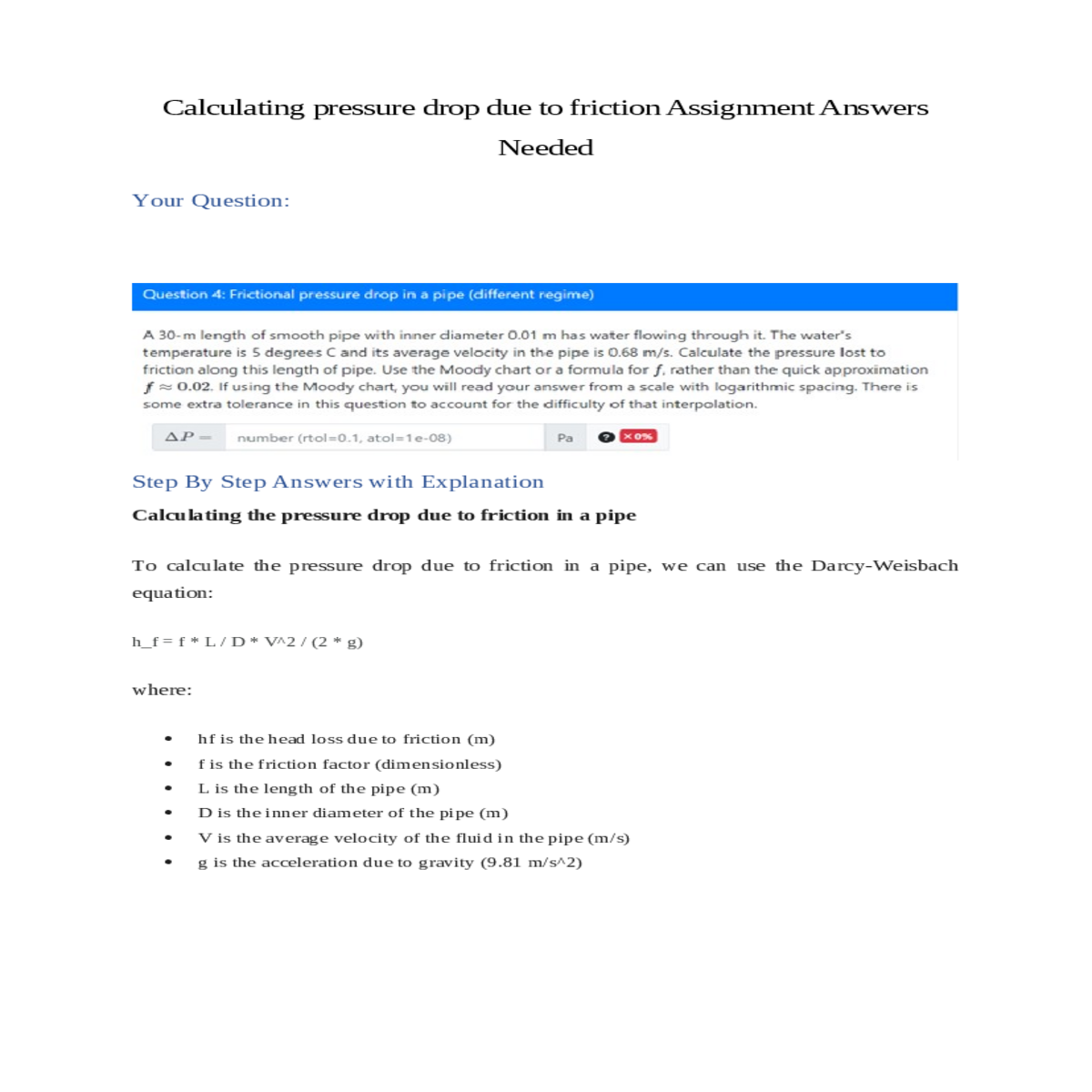 calculating the pressure drop due to friction in a