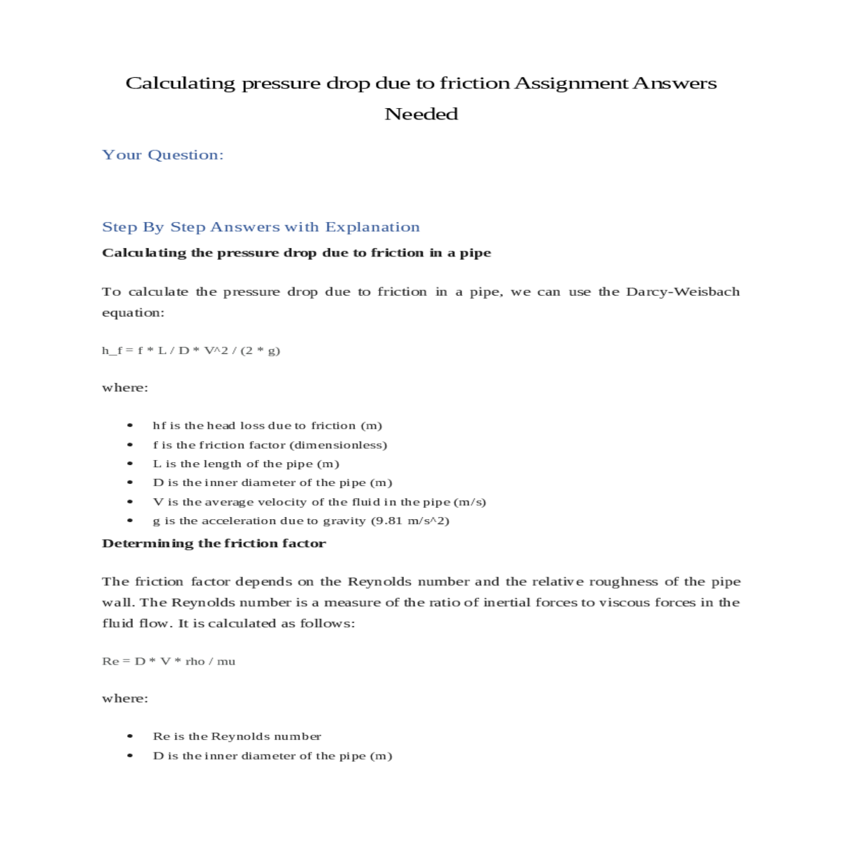 calculating the pressure drop due to friction in a