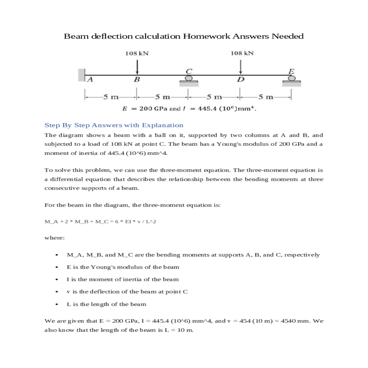beam deflection calculation homework answers neede
