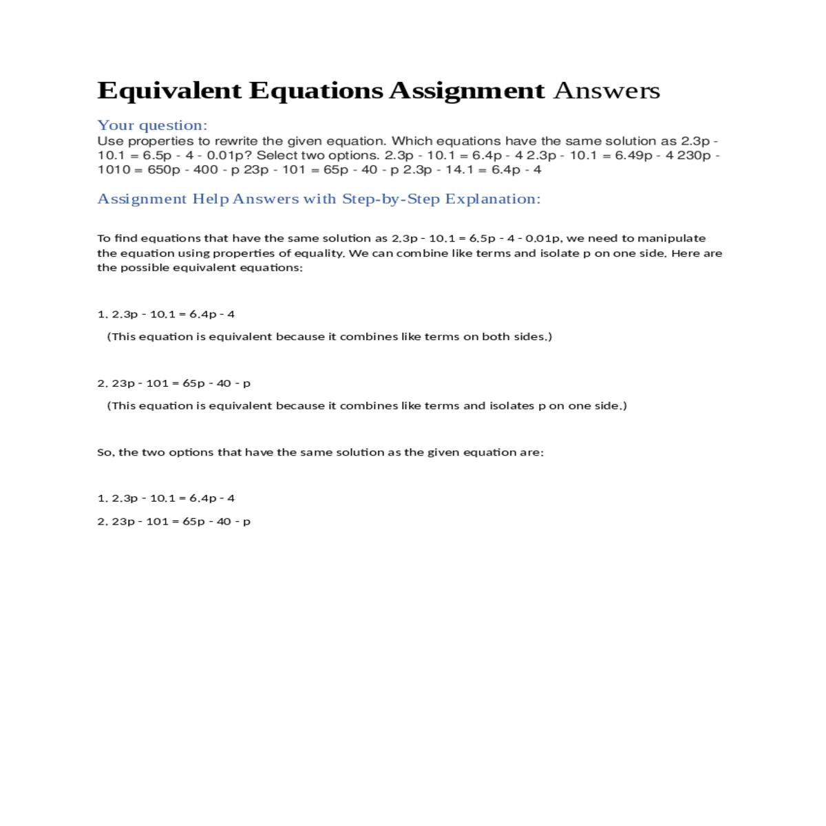 equivalent equations assignment answers