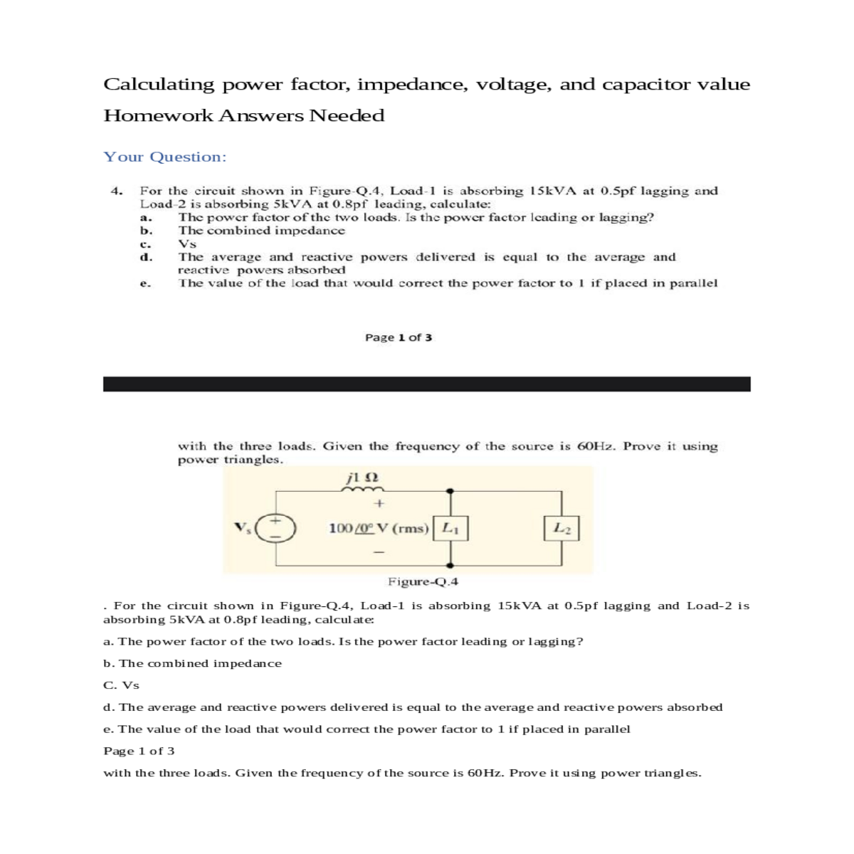 calculating power factor impedance voltage and cap