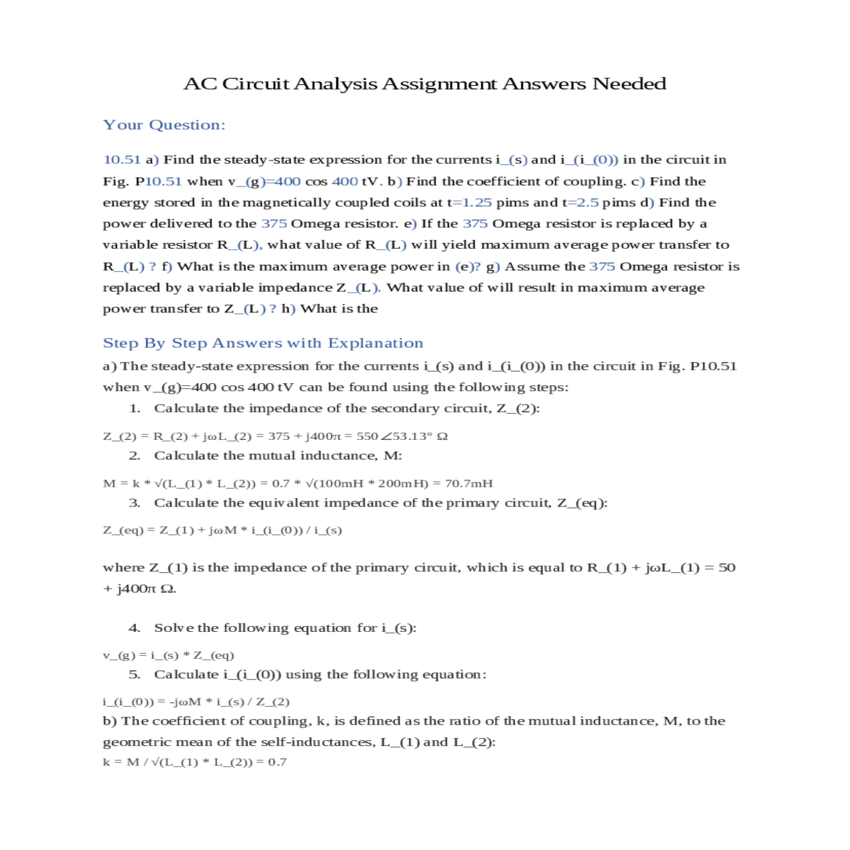 ac circuit analysis assignment answers needed