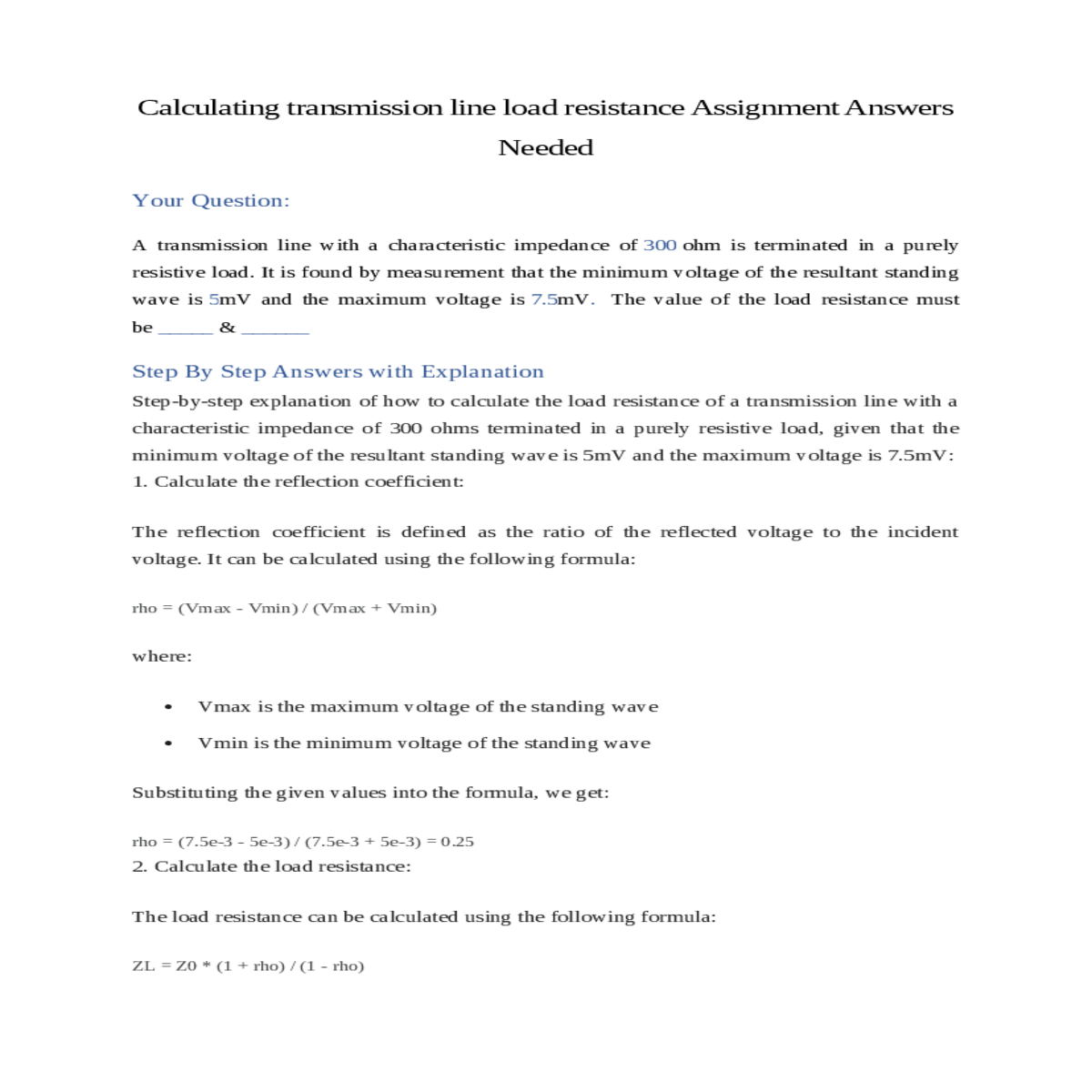 calculating transmission line load resistance assi