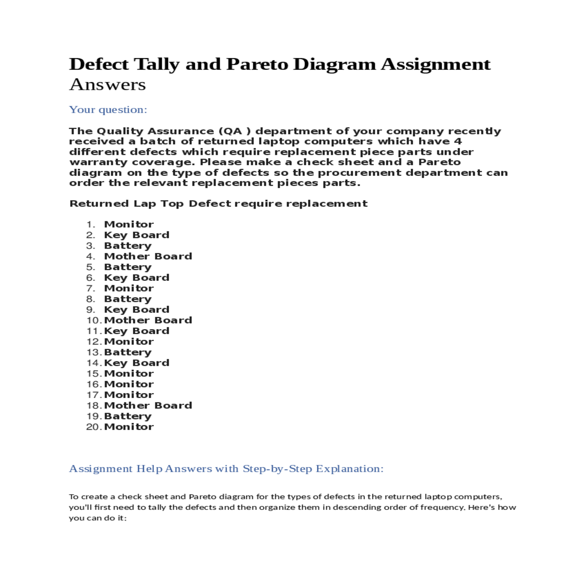 create check sheet for tallying the defects type