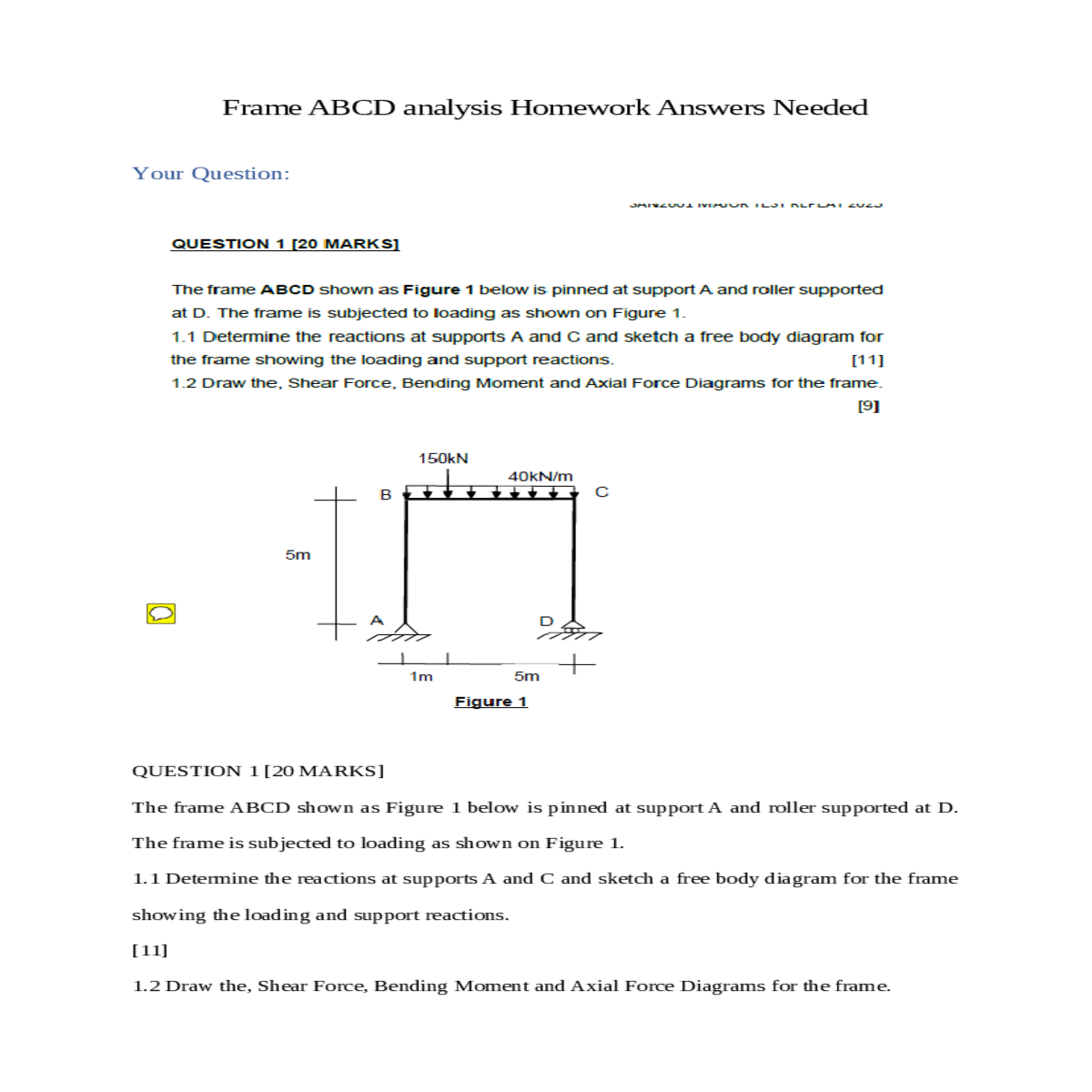 and axial force diagrams for frame abcd are shown 