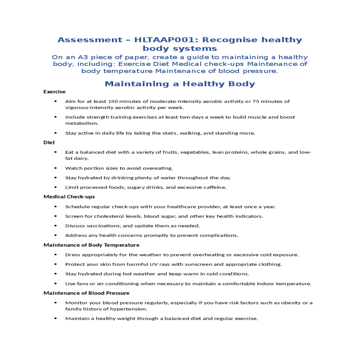 assessment – hltaap001 recognise healthy body syst