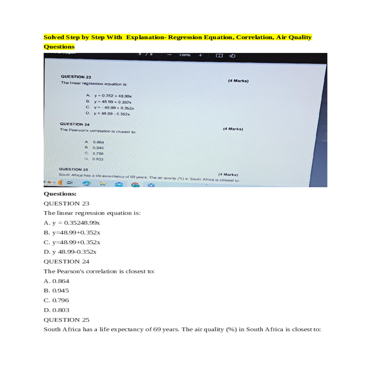 the correct linear regression equation