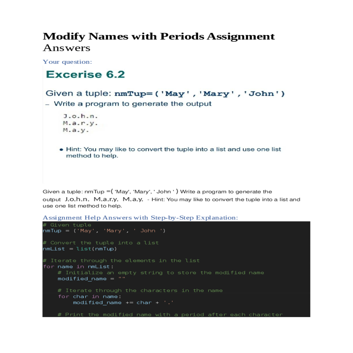 assignment help answers with stepbystep explanatio