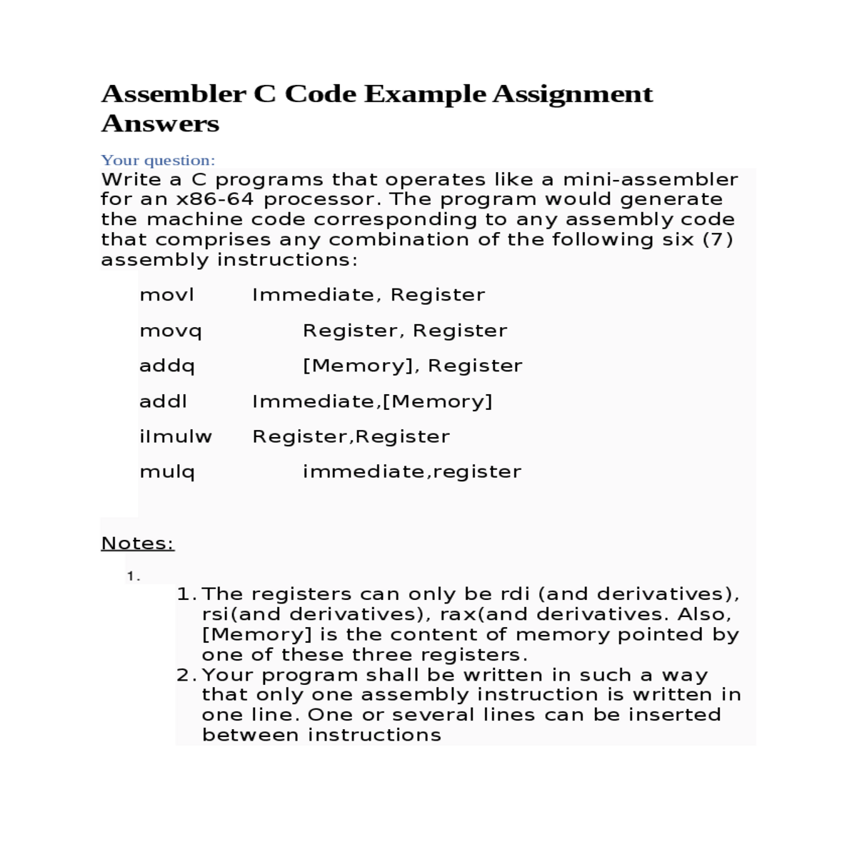 assembler c code example assignment answers