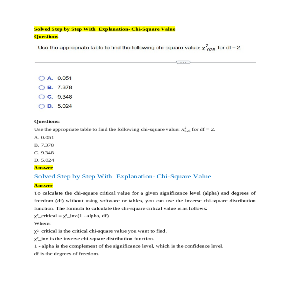 the formula calculate the chisquare critical value