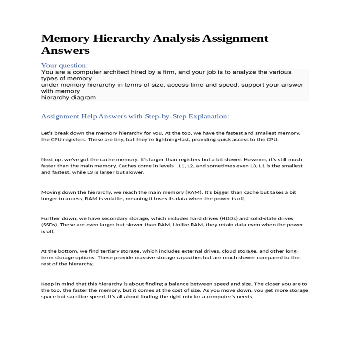 memory hierarchy analysis assignment answers