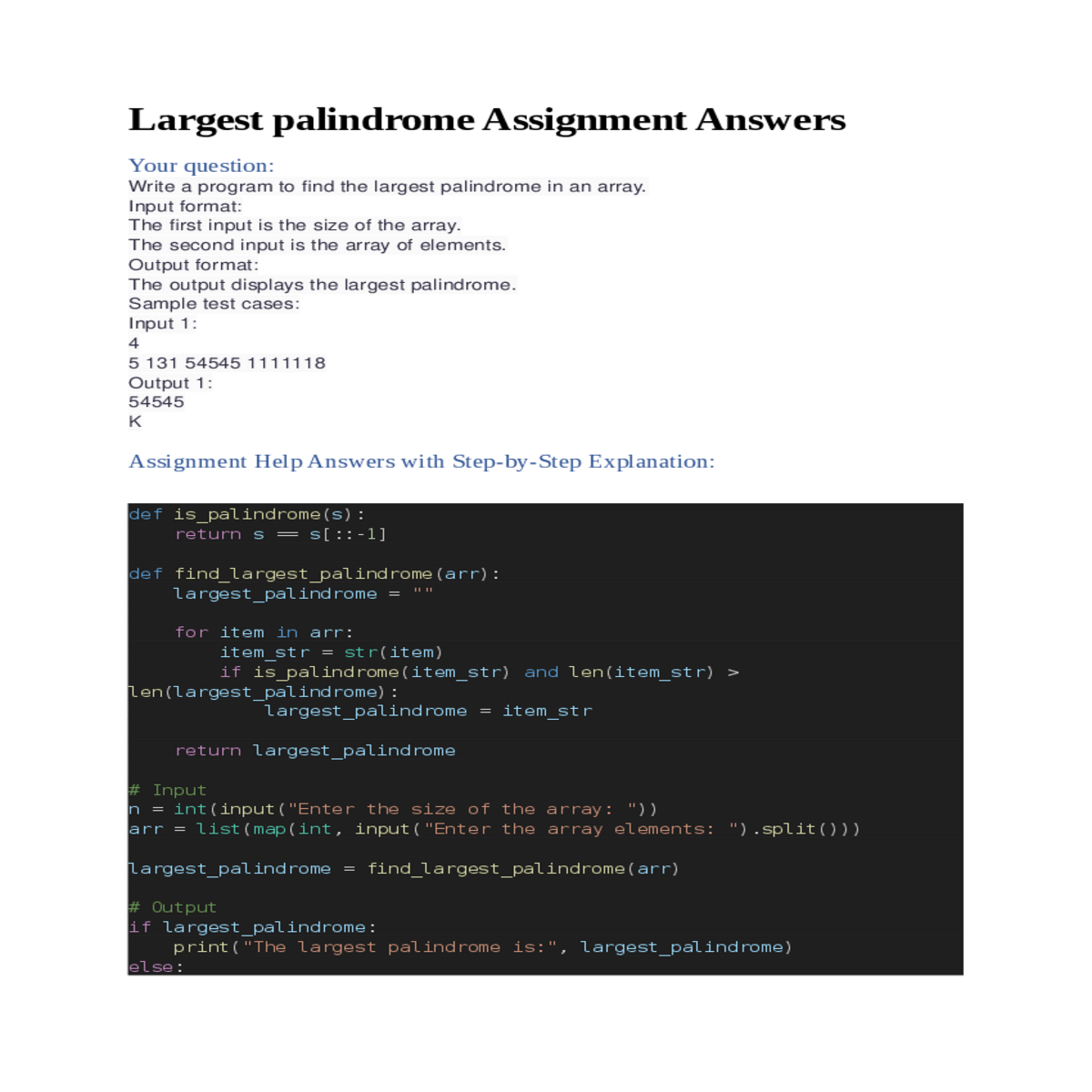 input format the first input the size the array