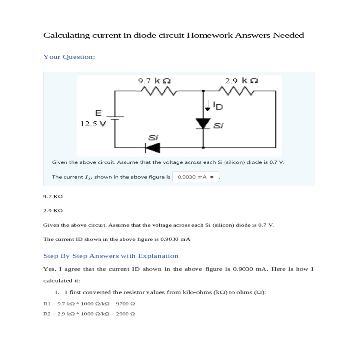 calculating current in diode circuit homework answ
