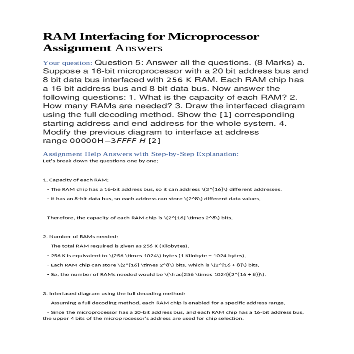 ram interfacing for microprocessor assignment answ