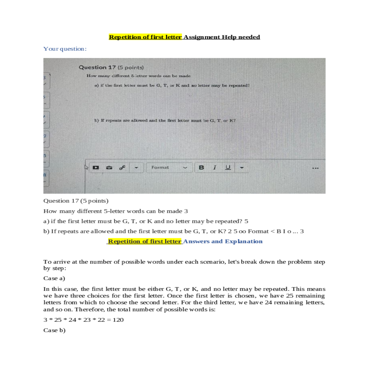 repetition of first letter answers and explanation