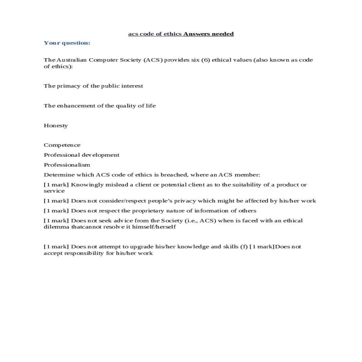 acs code of ethics answers and explanation