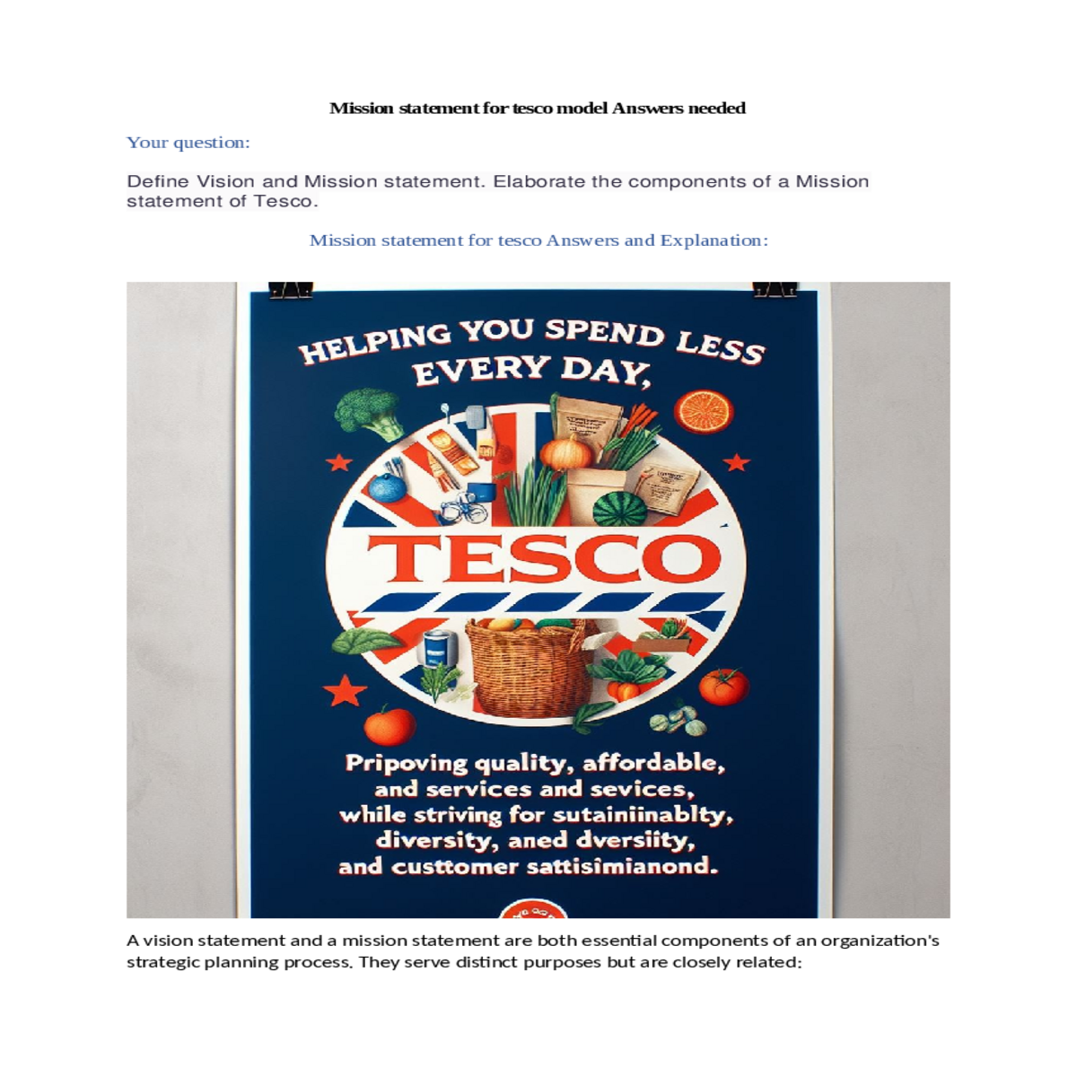 mission statement for tesco answers and explanatio