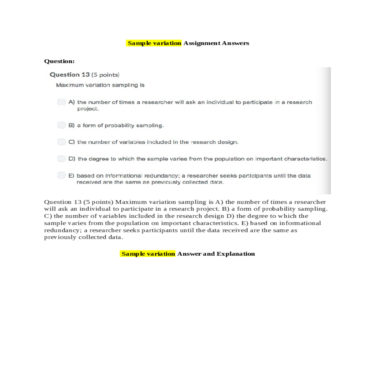 sample variation answer and explanation