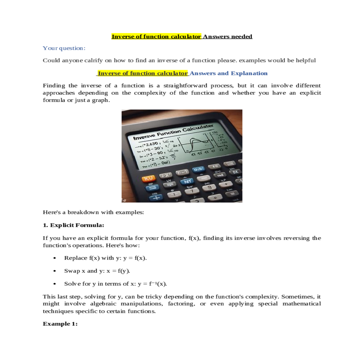 inverse of function calculator answers and explana