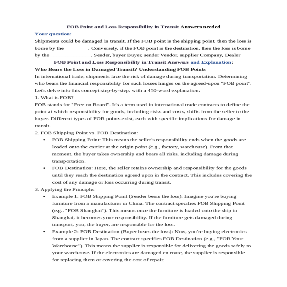 fob point and loss responsibility in transit answe