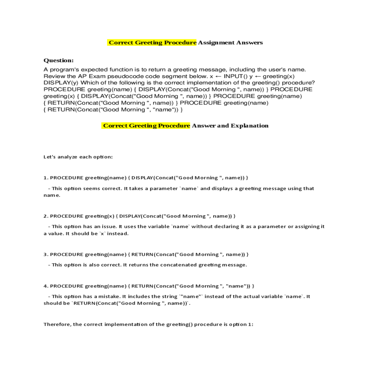correct greeting procedure answer and explanation