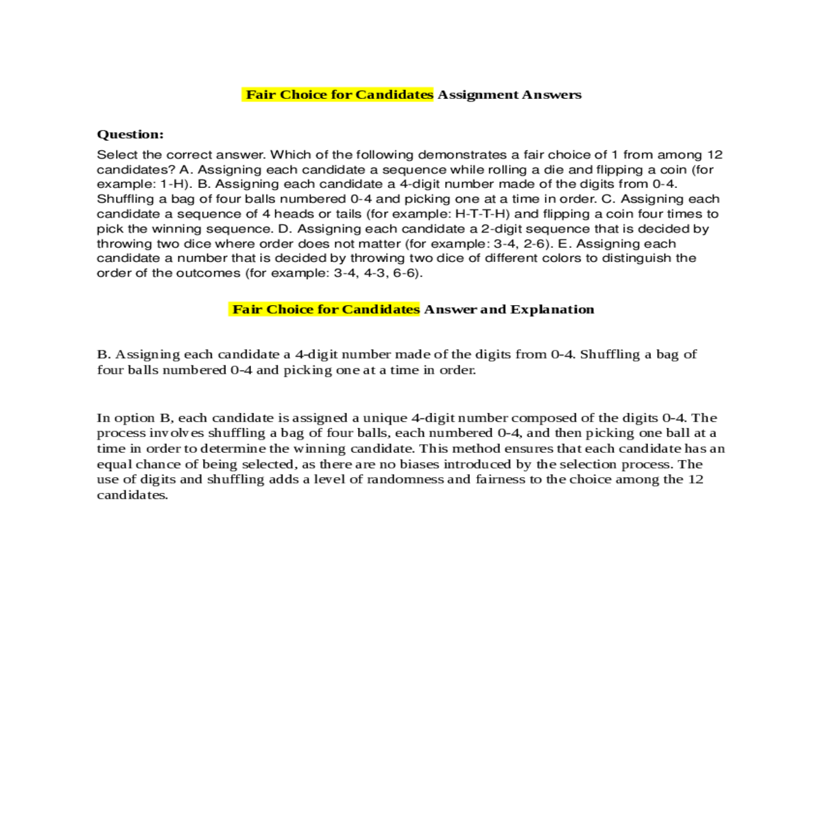 fair choice for candidates assignment answersselec