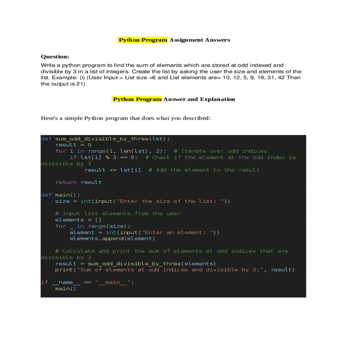 example user input list size and list elements are
