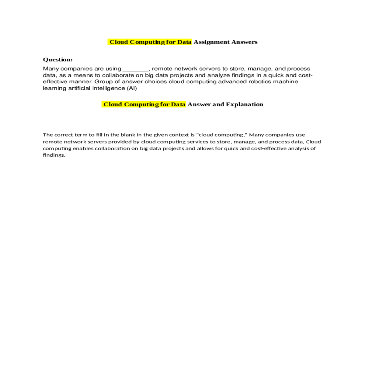 cloud computing for data assignment answersmany co