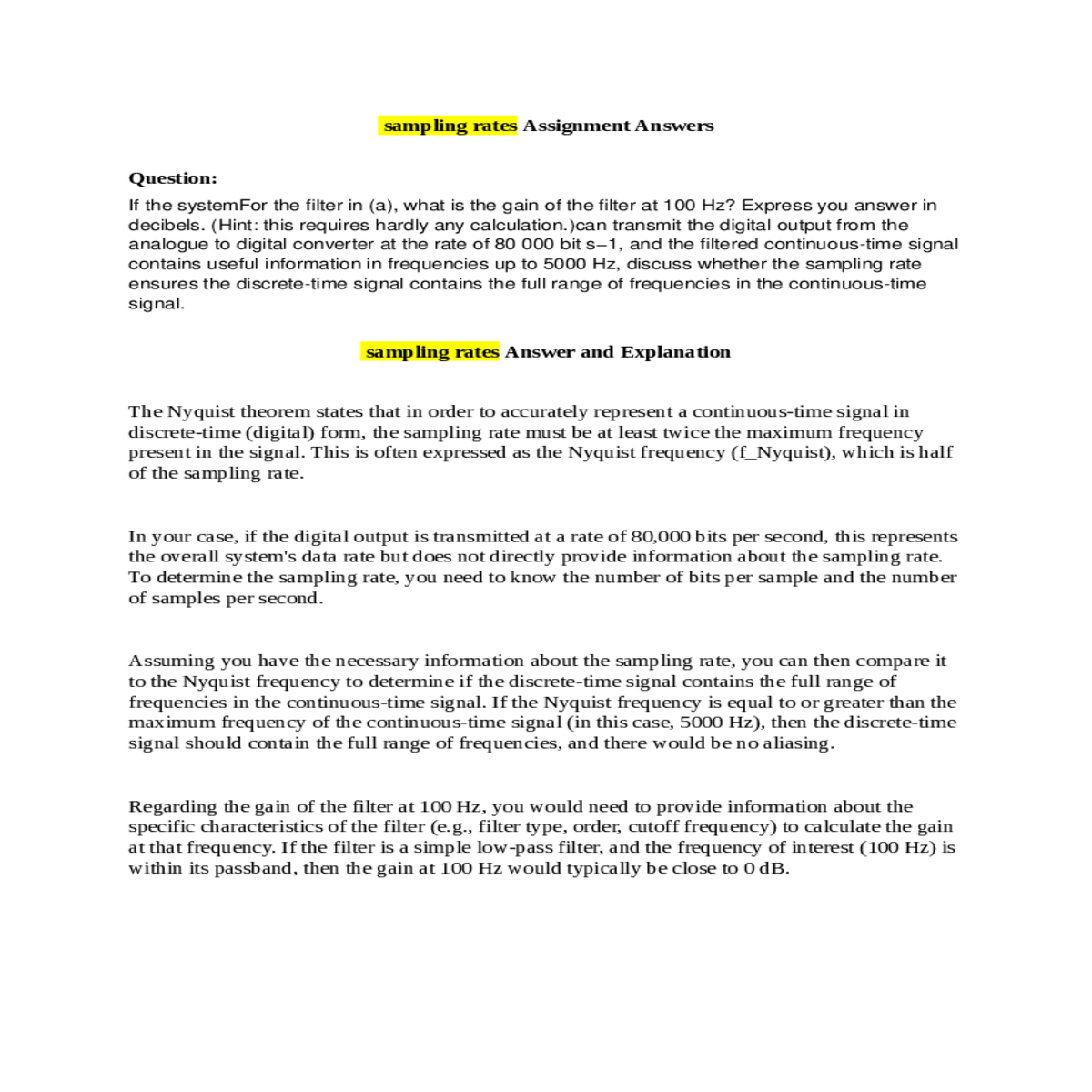 sampling rates answer and explanation
