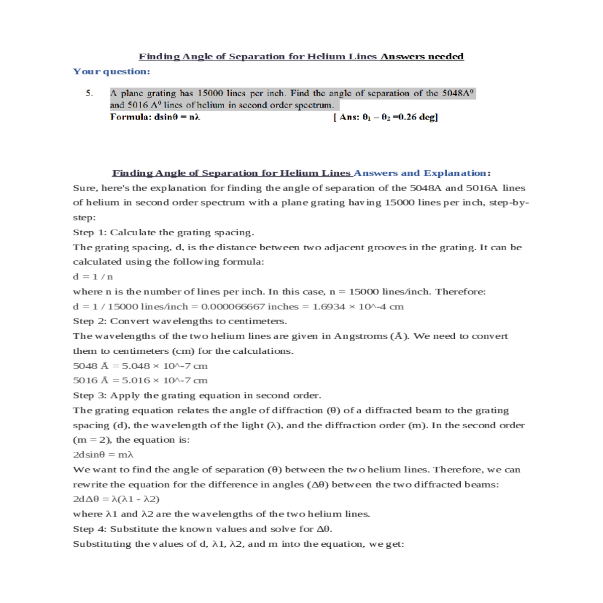 finding angle of separation for helium lines answe