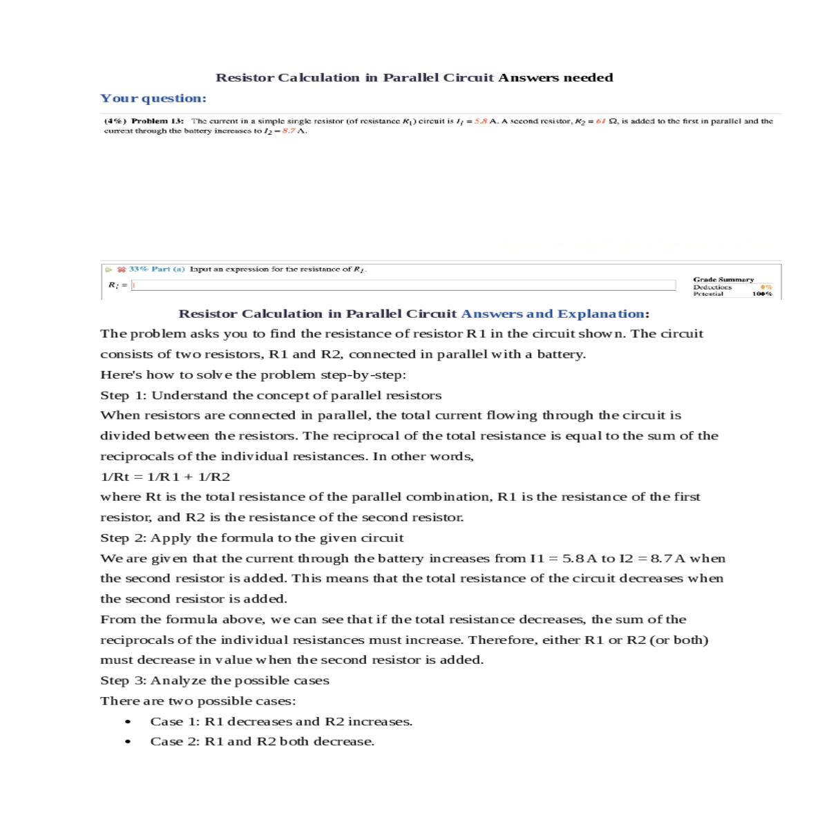 resistor calculation in parallel circuit answers a