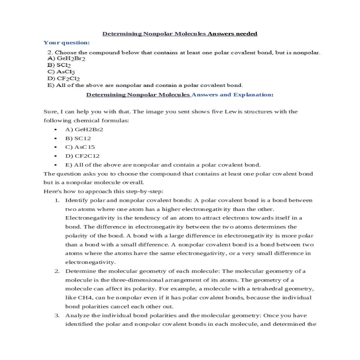 determining nonpolar molecules answers needed